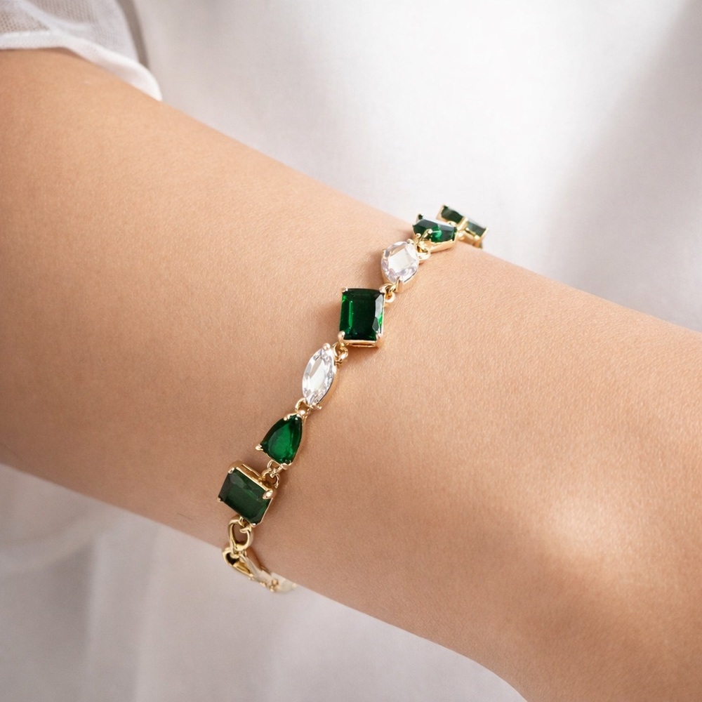 14K Gold Plated Emerald Green & Marquise CZ Tennis Bracelet – Dainty Jewelry